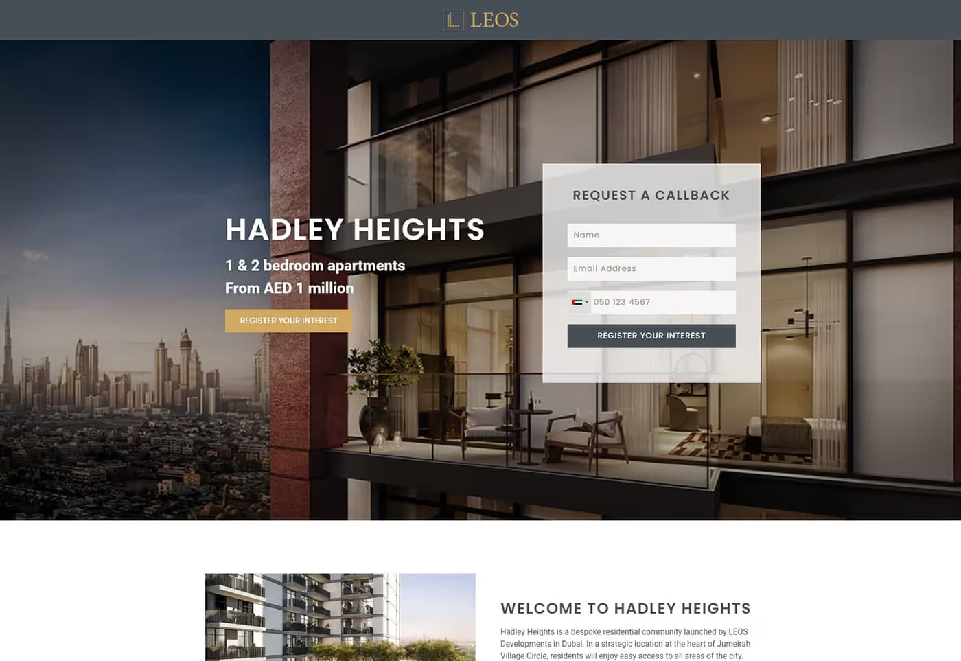 Full-page view of the Hadley Heights lead capture landing page, showing the hero with a request-a-callback form and a free brochure registration section