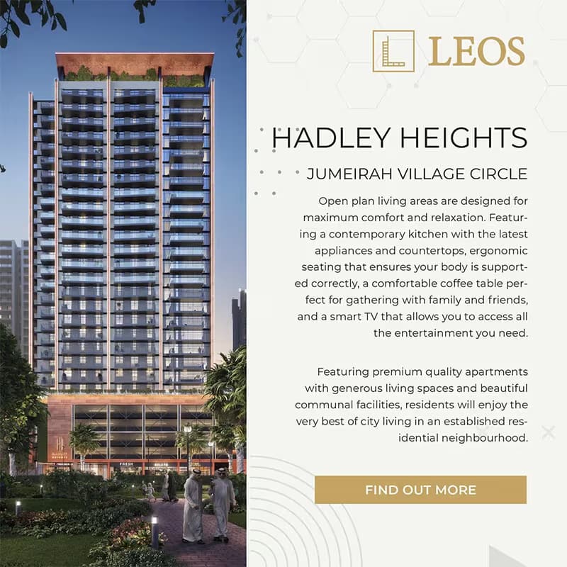 Hadley Heights carousel slide showing the tower exterior CGI alongside copy about open-plan living areas and contemporary kitchens