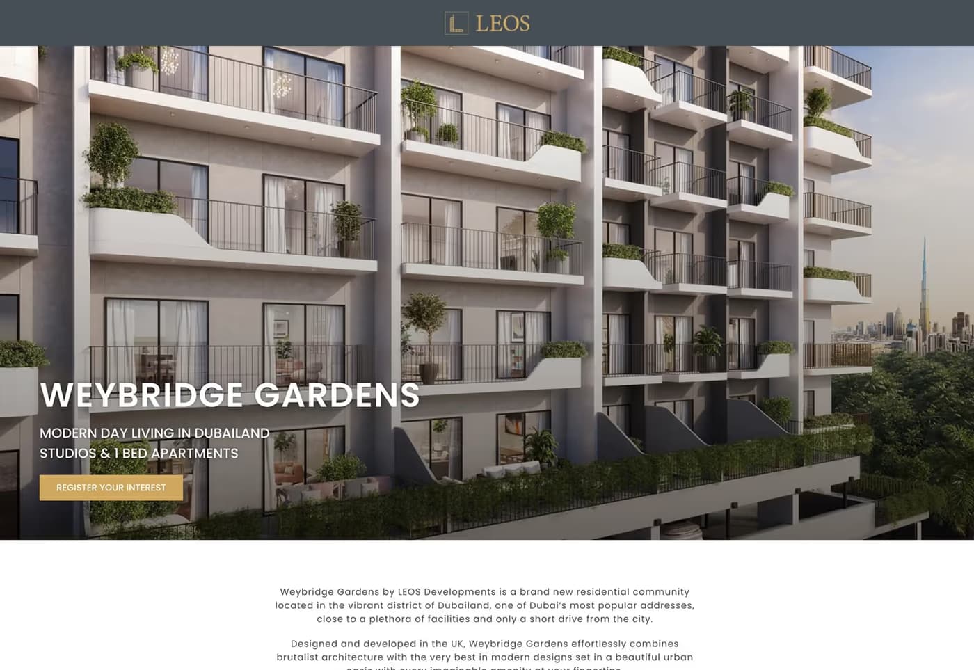Full-page view of the Weybridge Gardens landing page, showing the balcony hero with the register-your-interest call to action and the bespoke contemporary design section