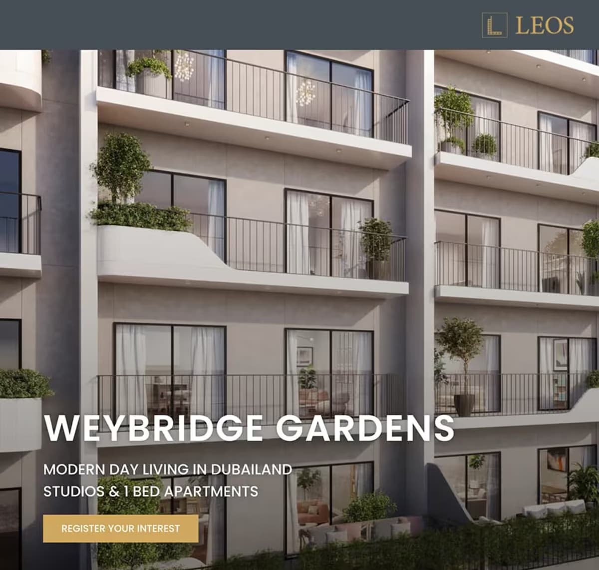 Weybridge Gardens landing page, showing the balcony hero and register-your-interest call to action
