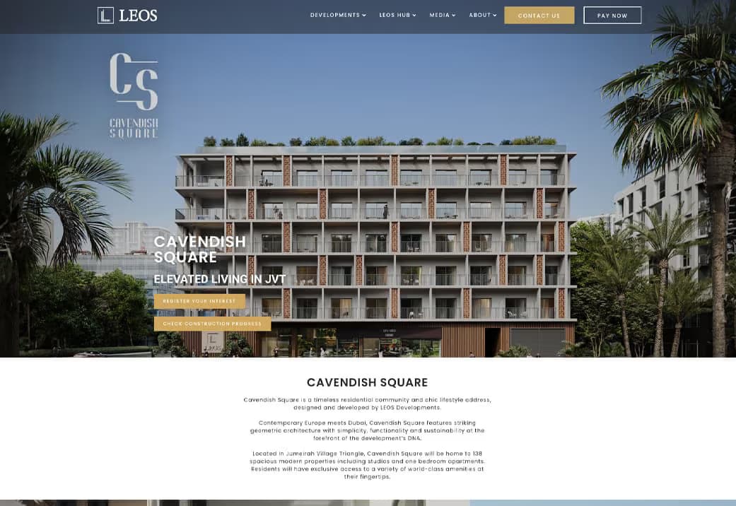 Full-page view of the Cavendish Square desktop landing page, showing the Elevated Living in JVT hero, register-your-interest call to action, amenity sections and the property features breakdown