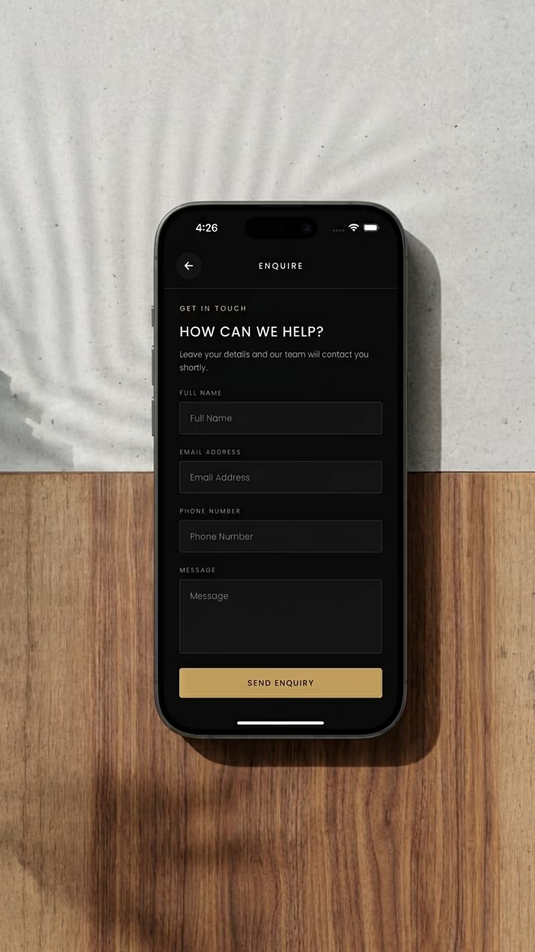 LEOS app enquiry screen headed How can we help, with full name, email, phone and message fields above a send enquiry button