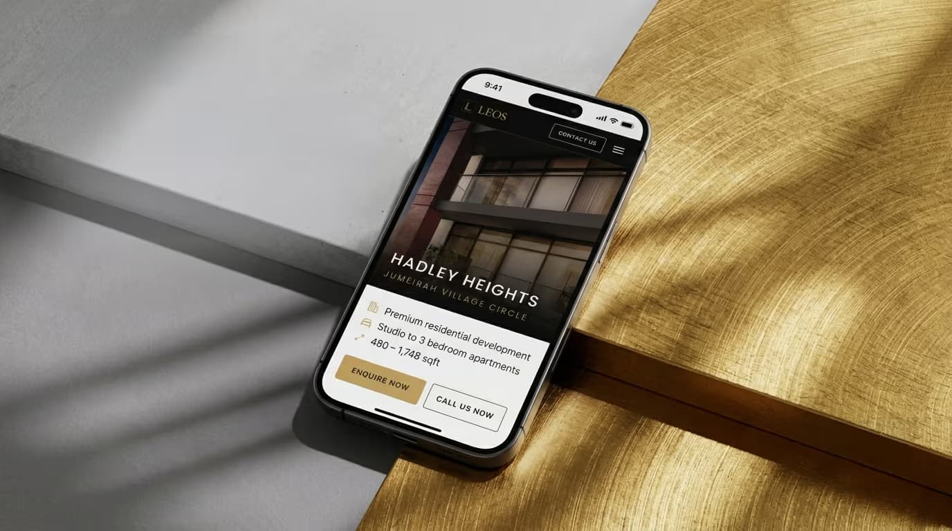 The LEOS cross-platform mobile app open on the Hadley Heights development, shown on an iPhone