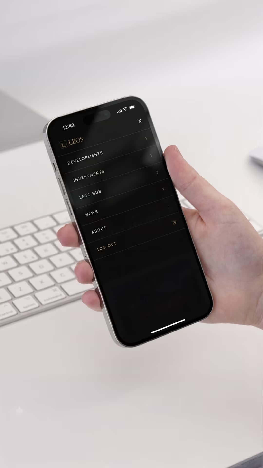 LEOS app slide-over menu with developments, investments, LEOS Hub, news and about