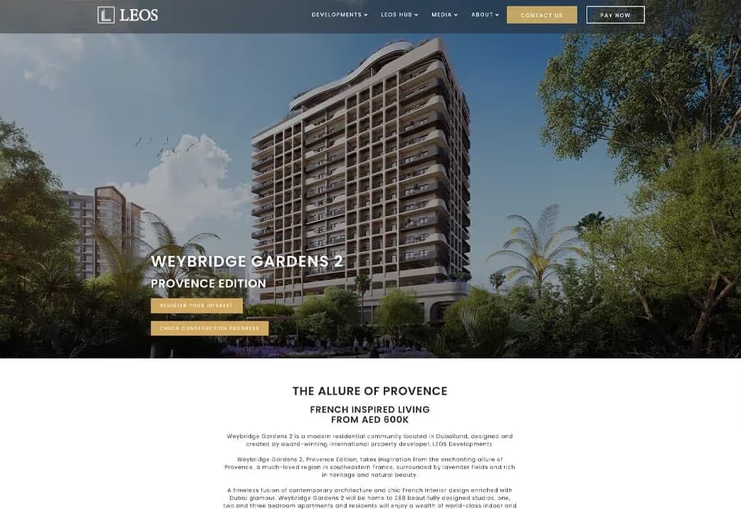 Full-page view of the Weybridge Gardens 2 desktop landing page, showing the Provence Edition hero, the register-your-interest call to action and the pricing section
